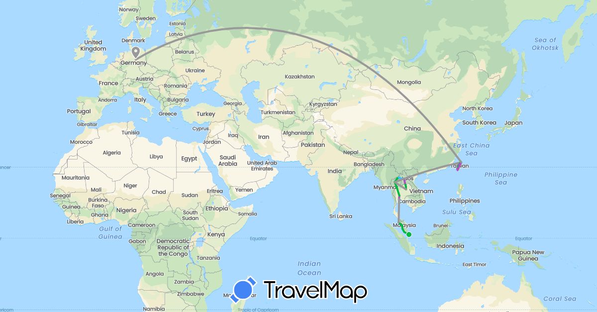 TravelMap itinerary: driving, bus, plane, train, boat in Laos, Malaysia, Singapore, Thailand, Taiwan (Asia)